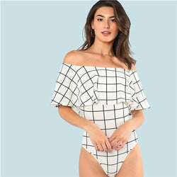 Ruffle Layered Plaid Off the Shoulder Bodysuit