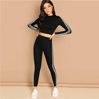 Black Athleisure Striped Tunic Pullover & Pants Set