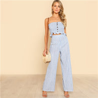 Bohemian Shirred Strapless Crop Cami Top and Wide Leg Pants Two Piece Set