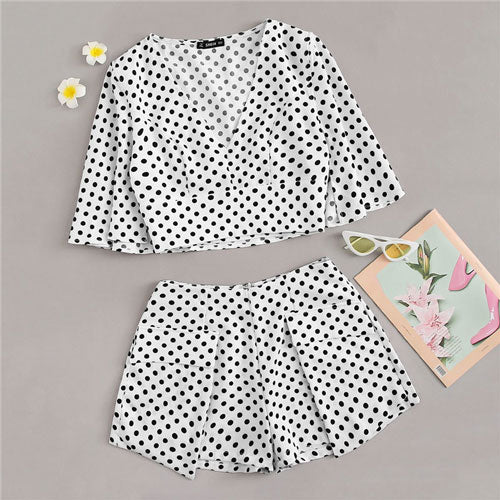 Boho Plunging Neck Polka Dot Print Top And Wide Waist Wrap Shorts Set