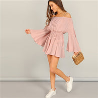 Pink Bell Sleeve Romper With Adjustable Straps
