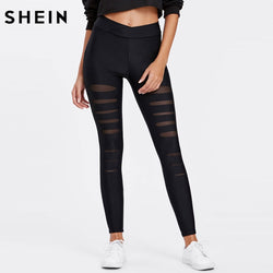 Black Mesh Insert Ripped Leggings Mid Waist