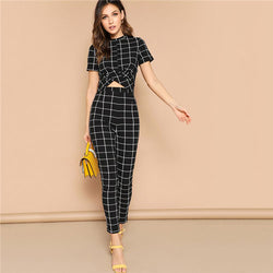 Cross Front Wrap Grid Crop Top And Pants Matching Set